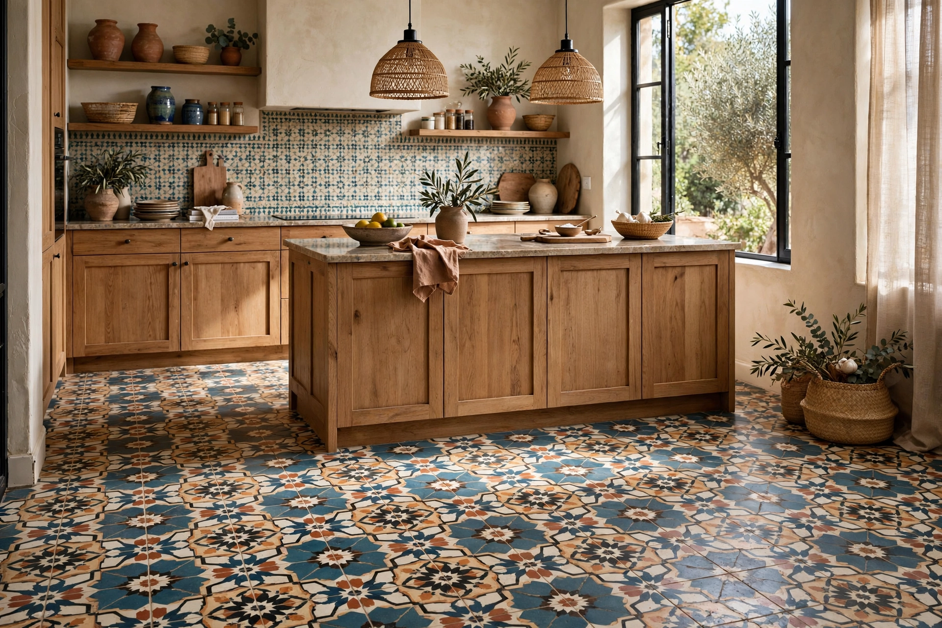 Patterned Cement Tile Kitchen Floor With Global Flair