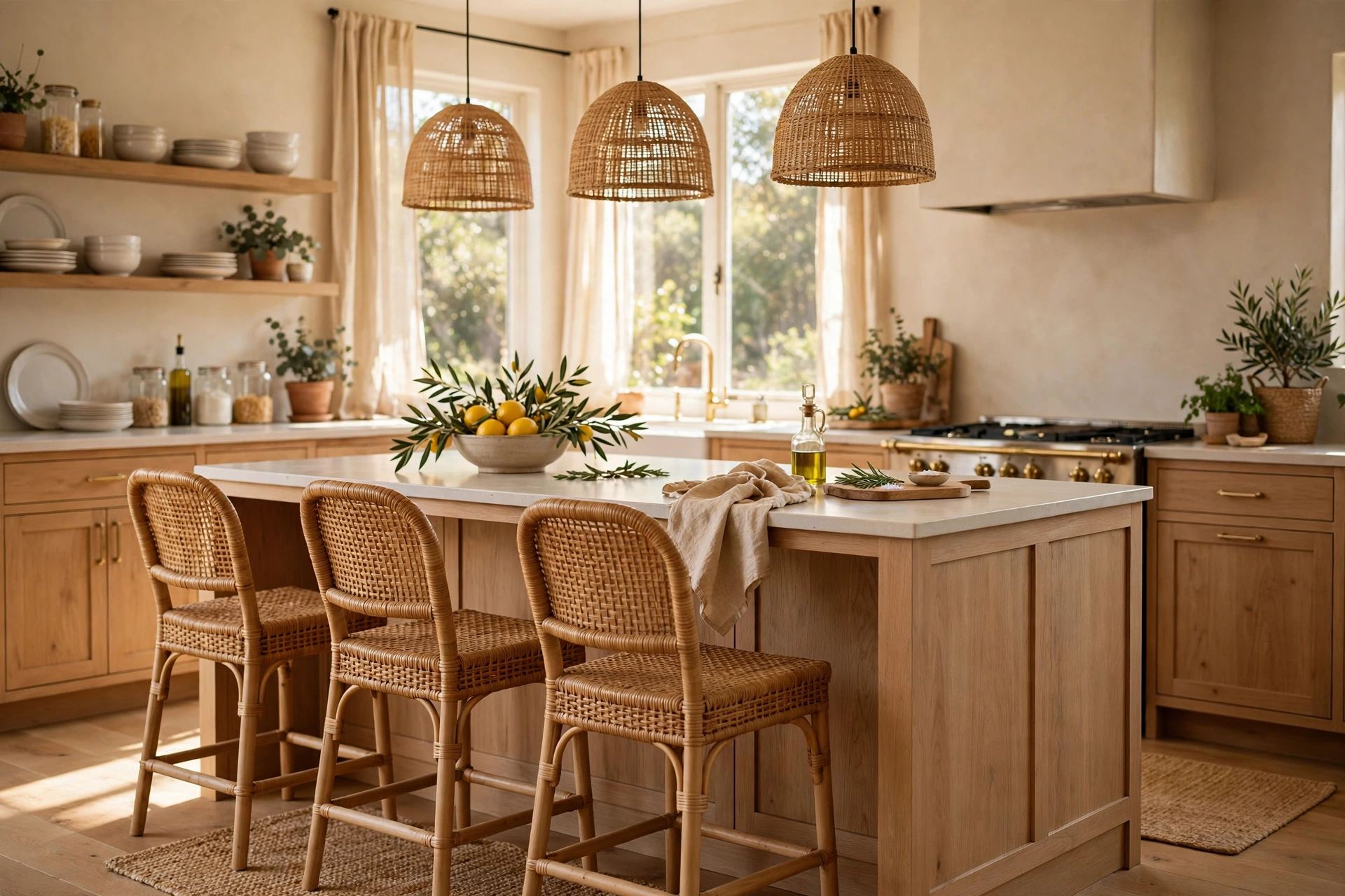 Kitchen Island With Woven Rattan Stools For Warmth