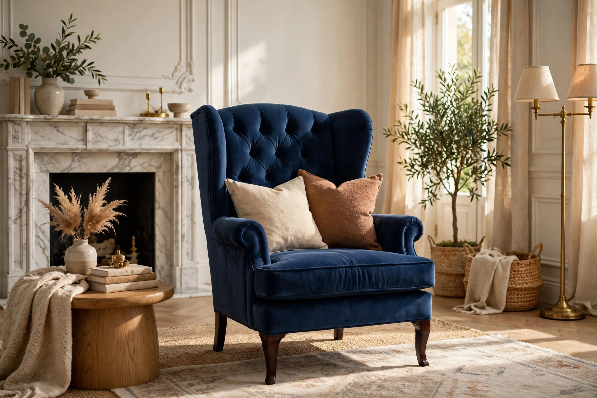 Navy Blue Wingback Chair In An Elegant Living Room
