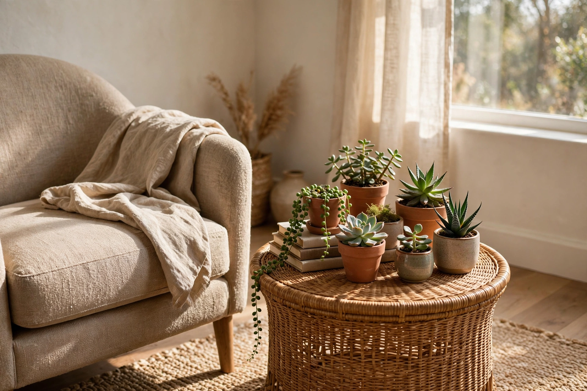 Succulents And Small Plants On A Round Side Table Beside An Armchair