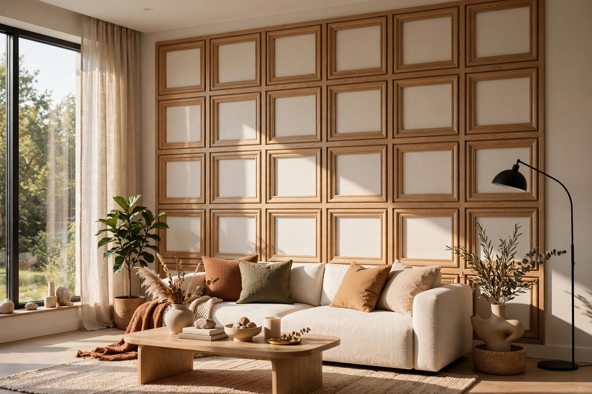 Modern Geometric Grid Wall Molding In A Contemporary Living Room