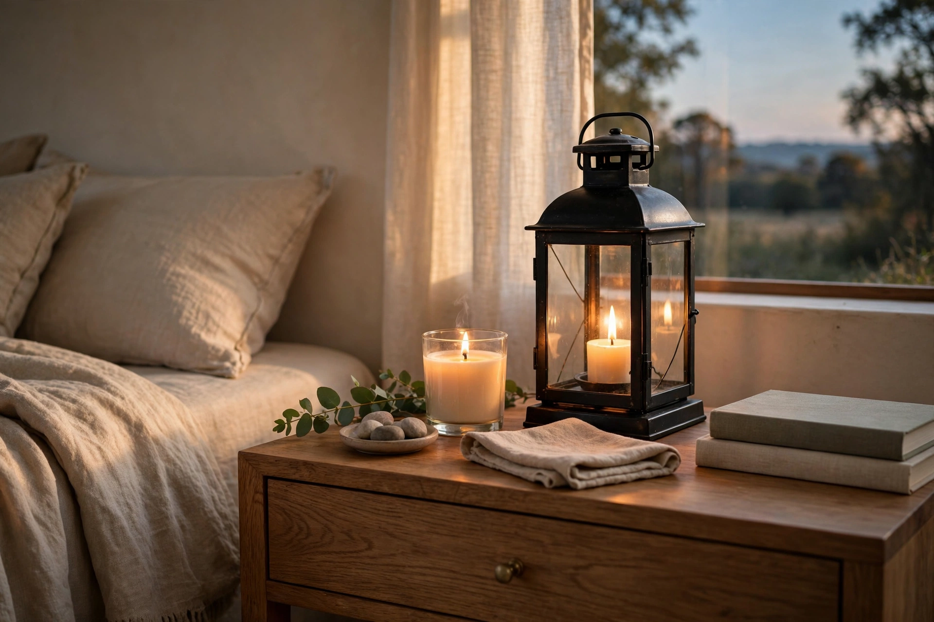 Lit Scented Candle And Lantern On Nightstand At Dusk