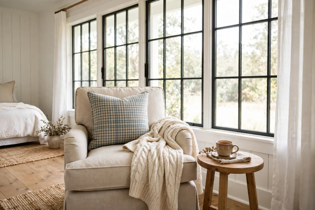 Cozy window reading nook with an armchair, plaid cushion and soft throw in a farmhouse bedroom