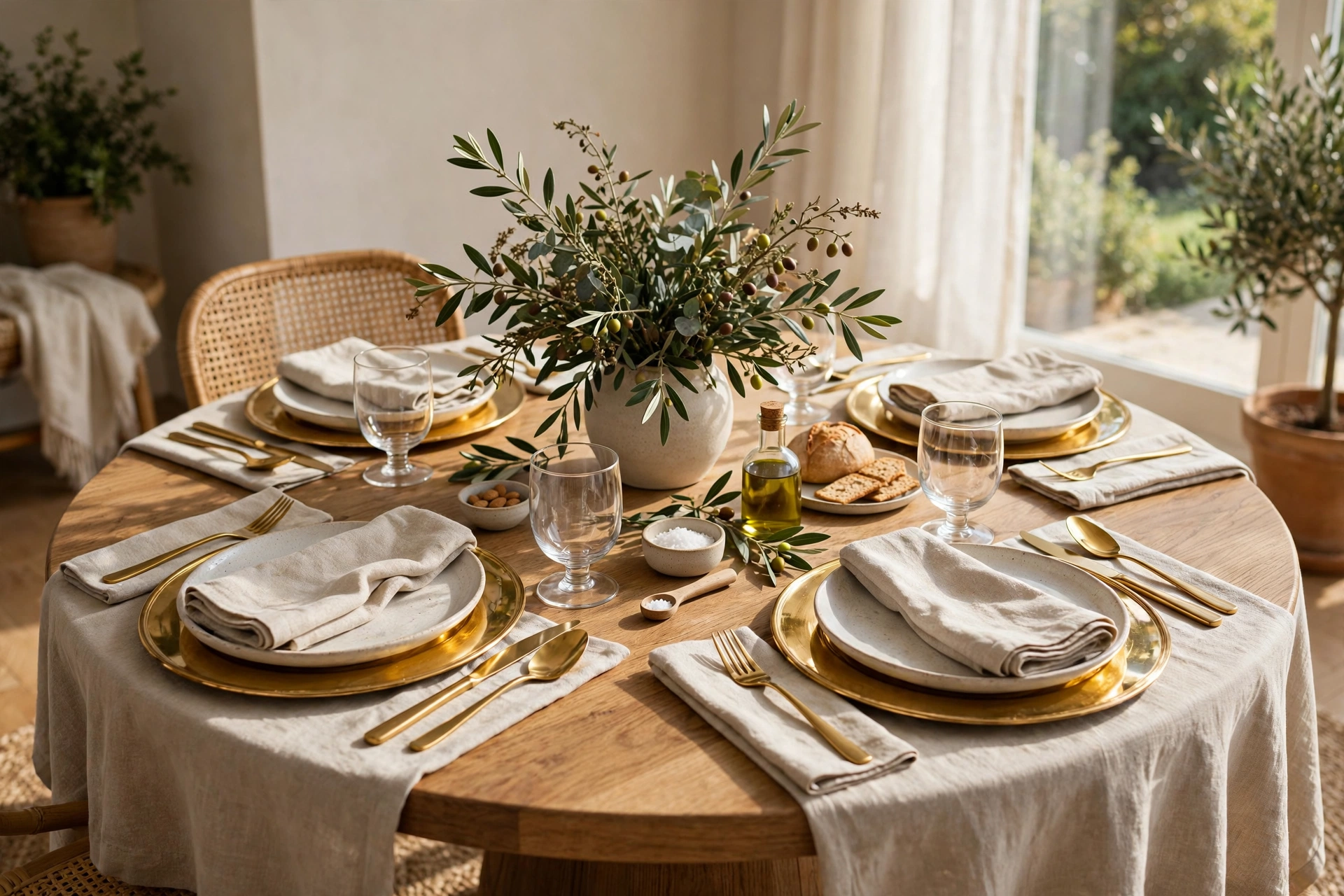 Table Setting With Chargers and Linen Napkins on a Round Table