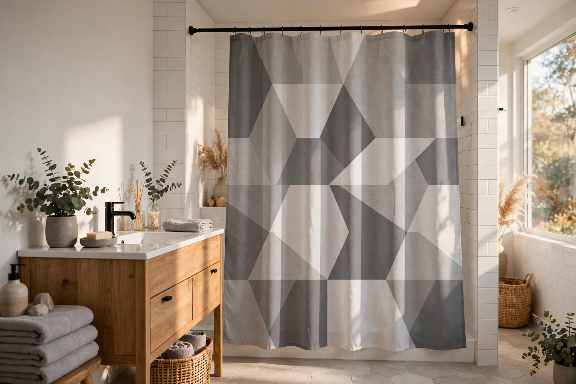 Modern Geometric Print Shower Curtain In Gray Tones