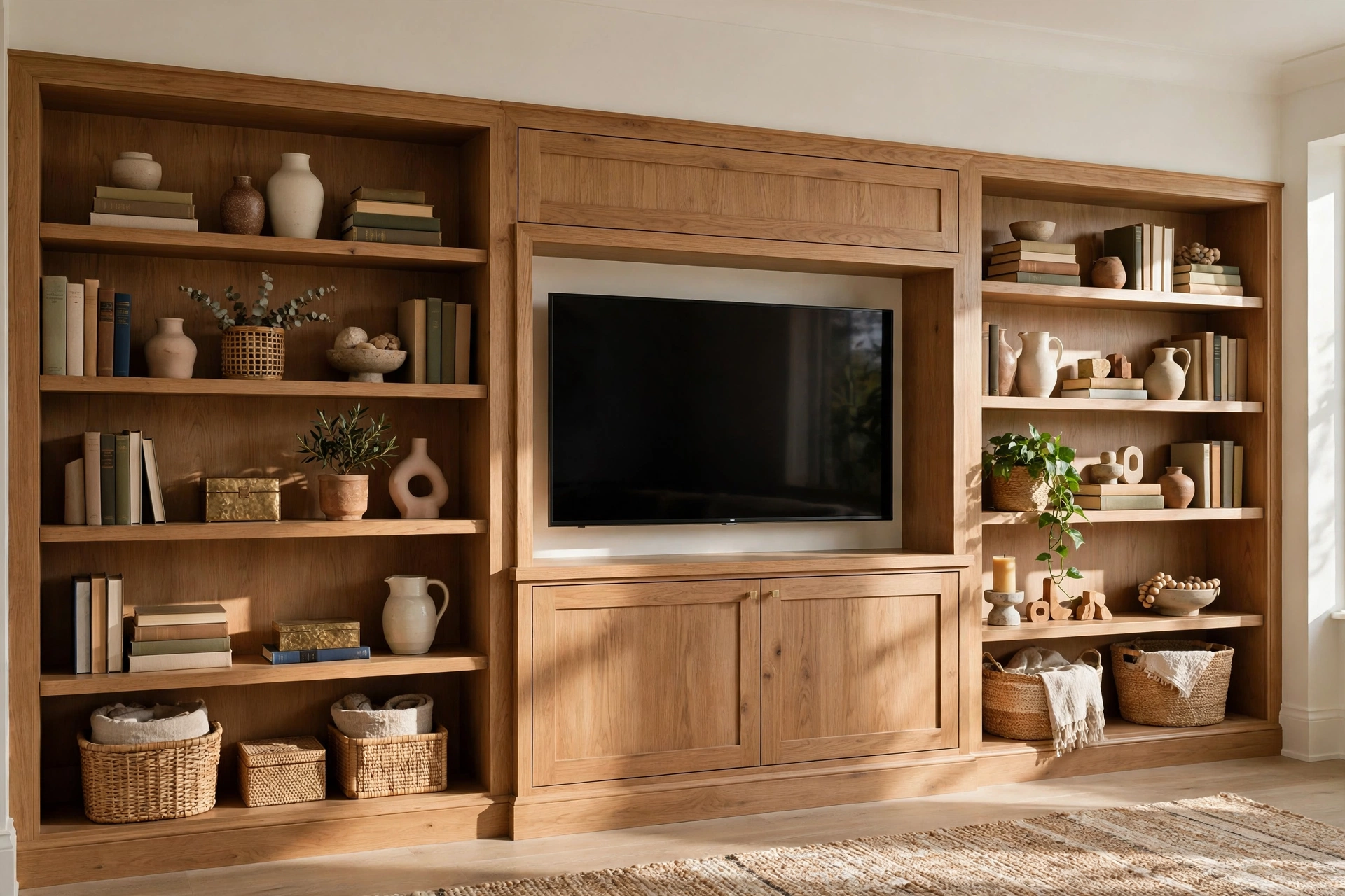 TV Niche Set Into Built In Bookshelves With Styled Decor