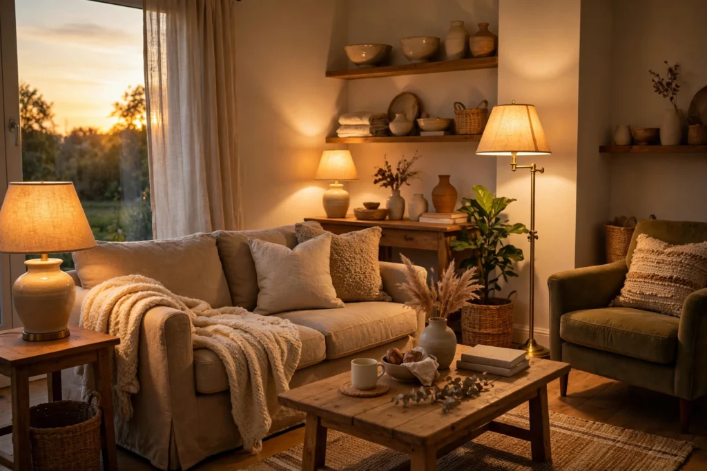 Warm Bulb Glow Creating Cozy Atmosphere In Living Room
