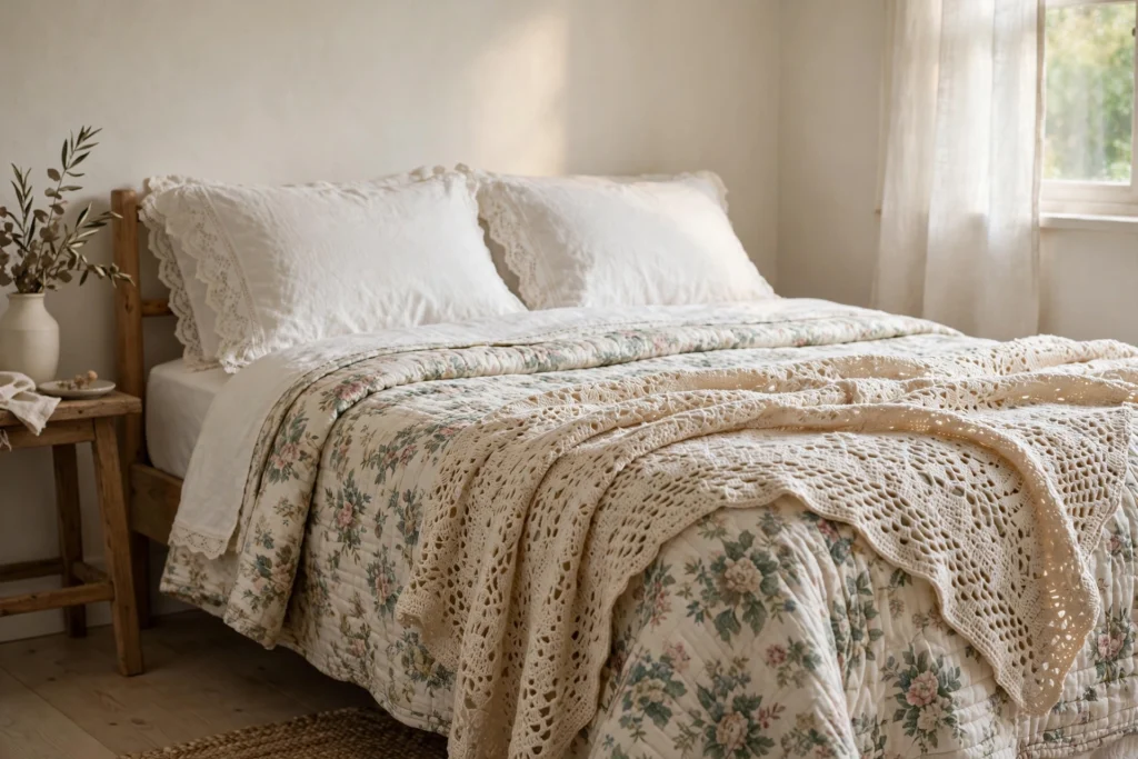 Cottage bed with crochet throw and lace-trimmed pillows in warm daylight