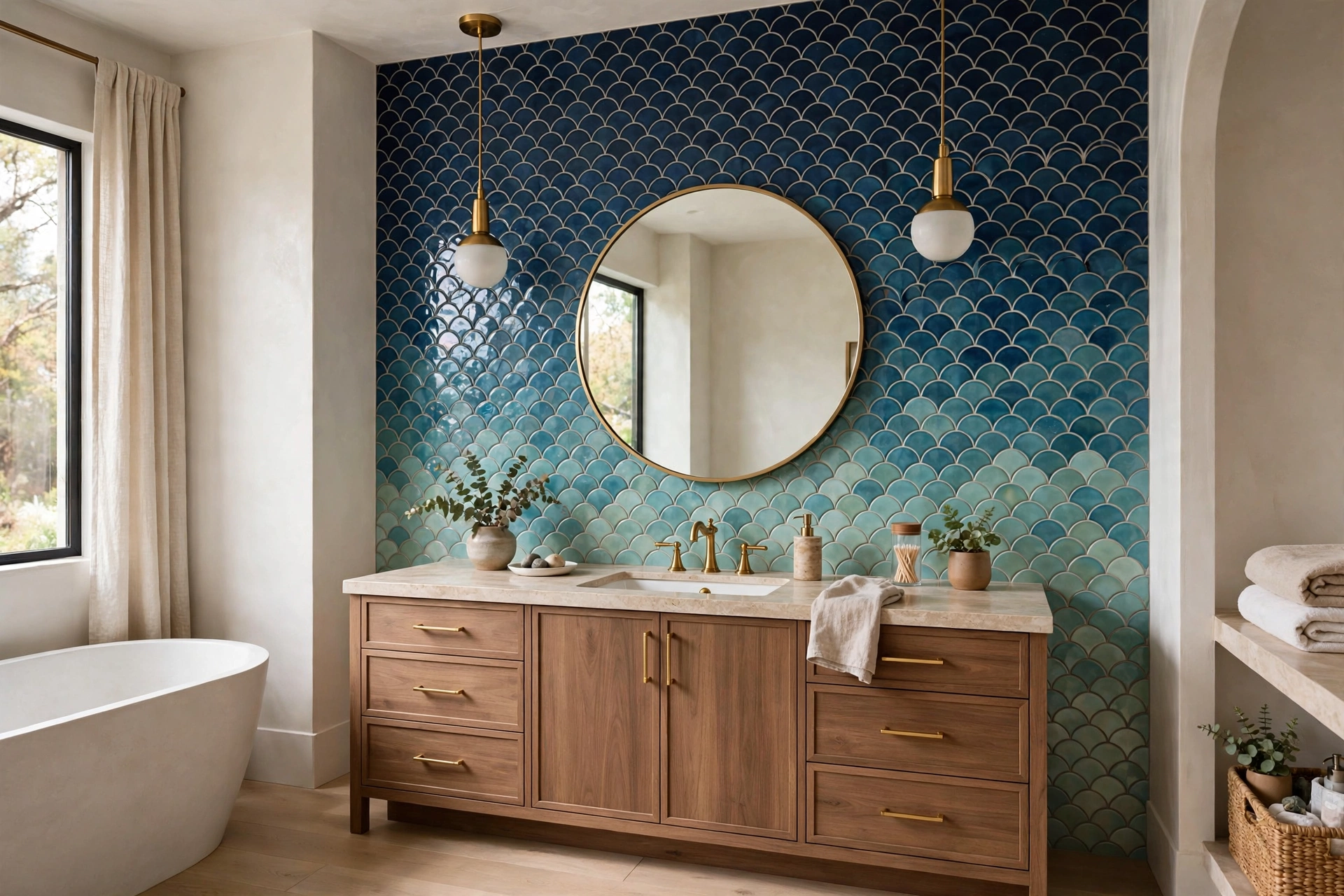 Mosaic Tile Art Accent Wall In Bathroom