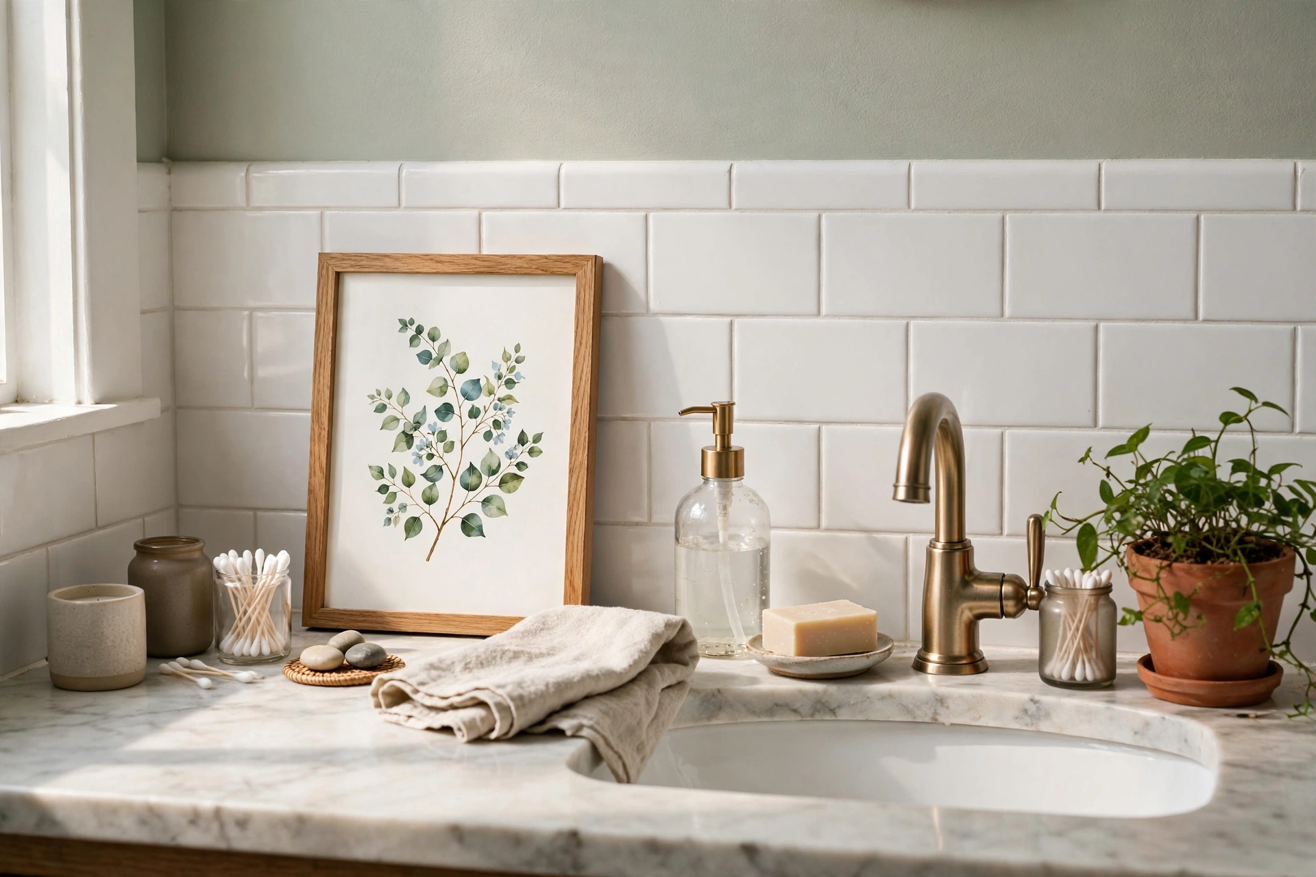 Framed Art Print By The Bathroom Sink