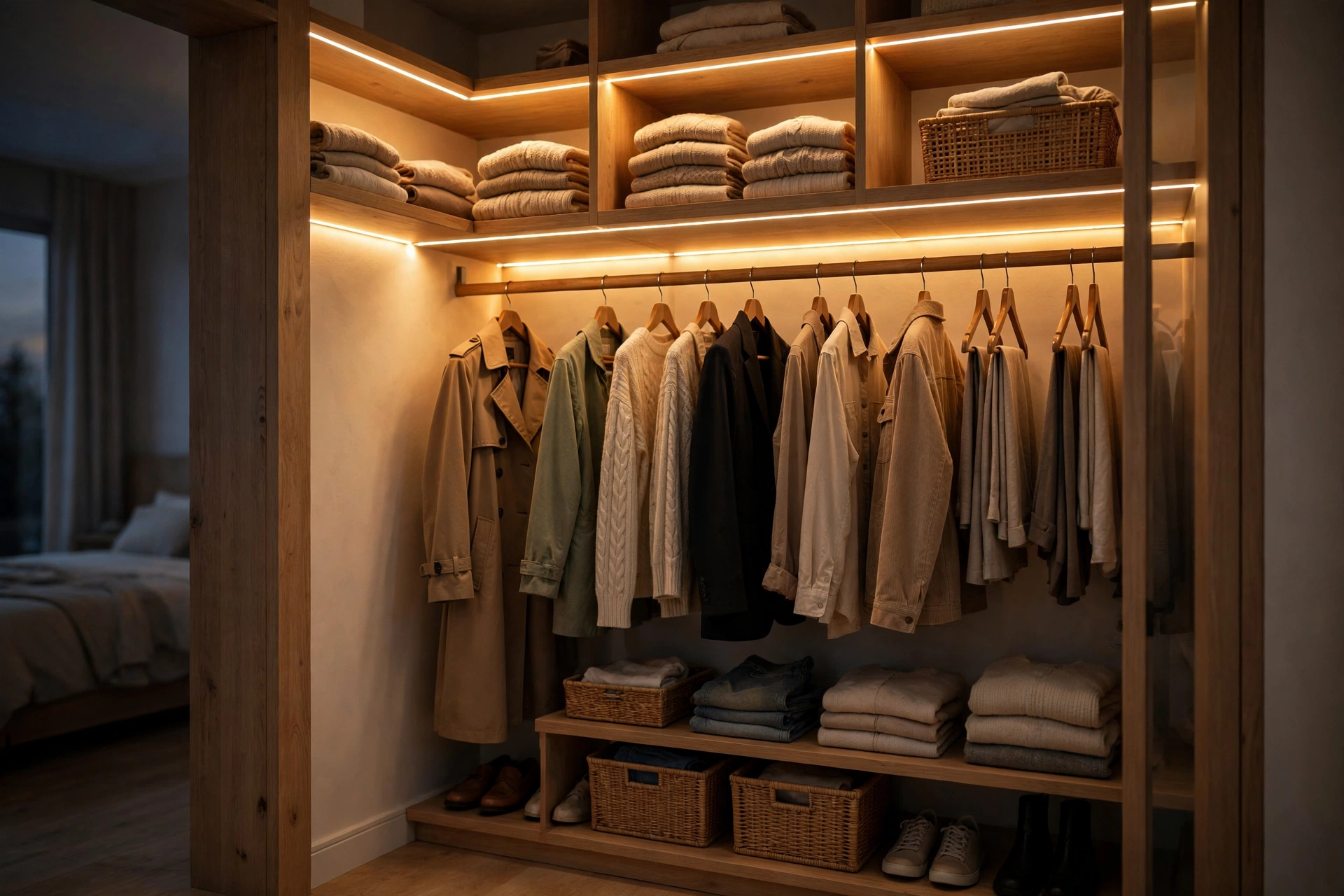 Closet Illuminated By Warm LED Strip Lighting