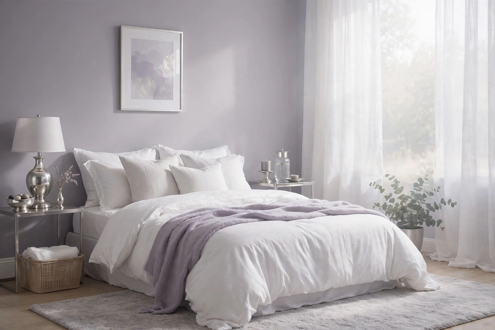 Dreamy Bedroom With Lavender Gray Walls And White Bedding