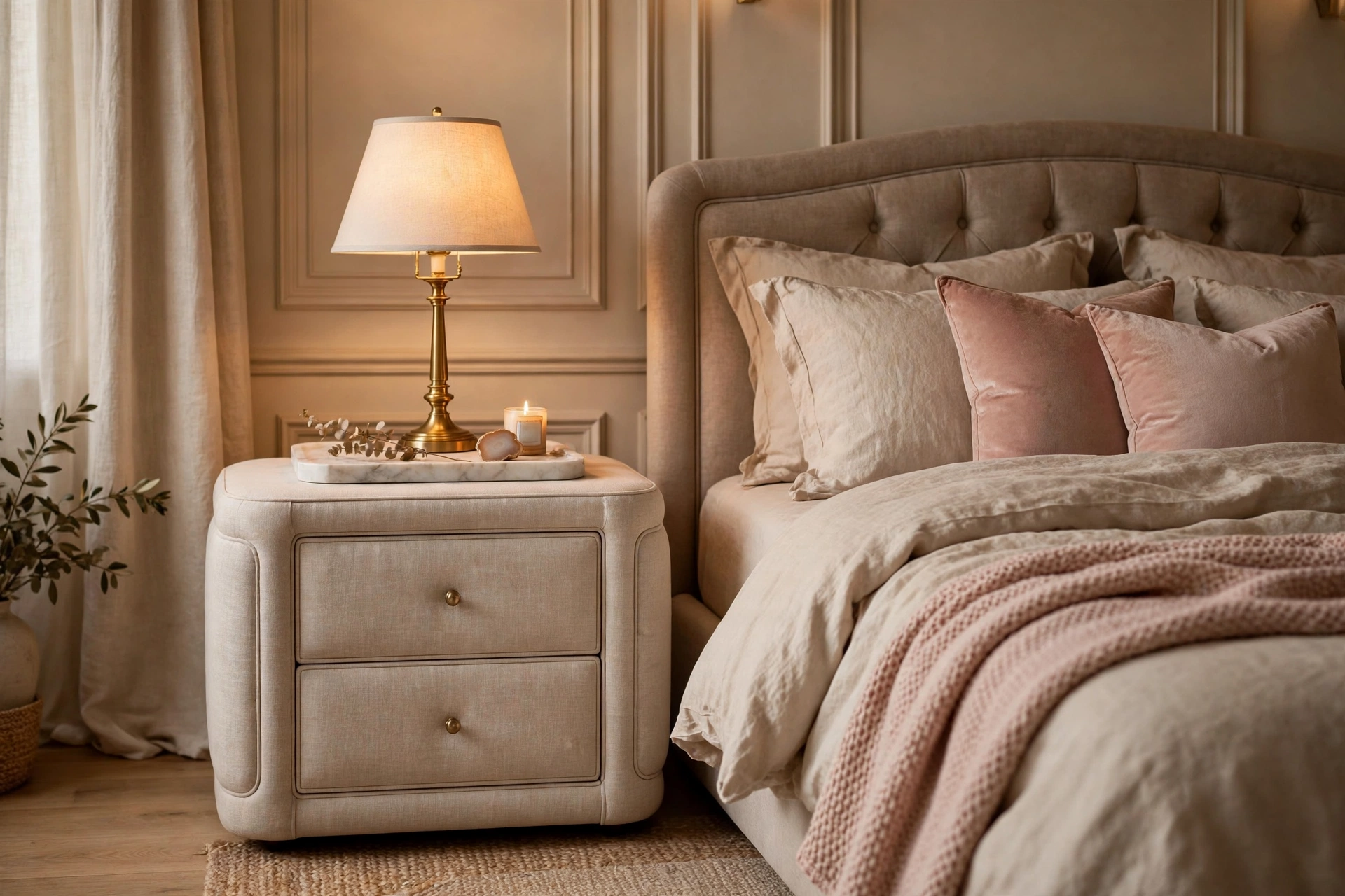 Upholstered Nightstand With Soft Fabric Texture