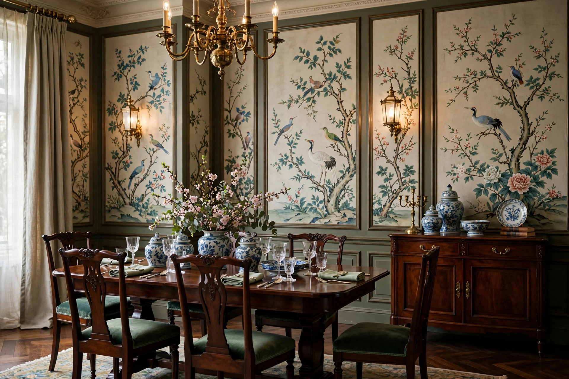 Elegant Dining Room With Chinoiserie Wallpaper Panels