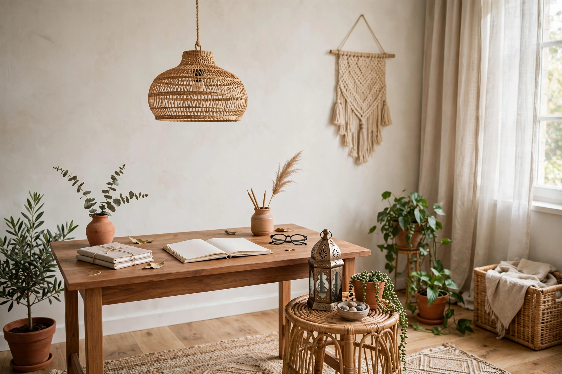 Woven rattan pendant light over a wood desk in a boho home office