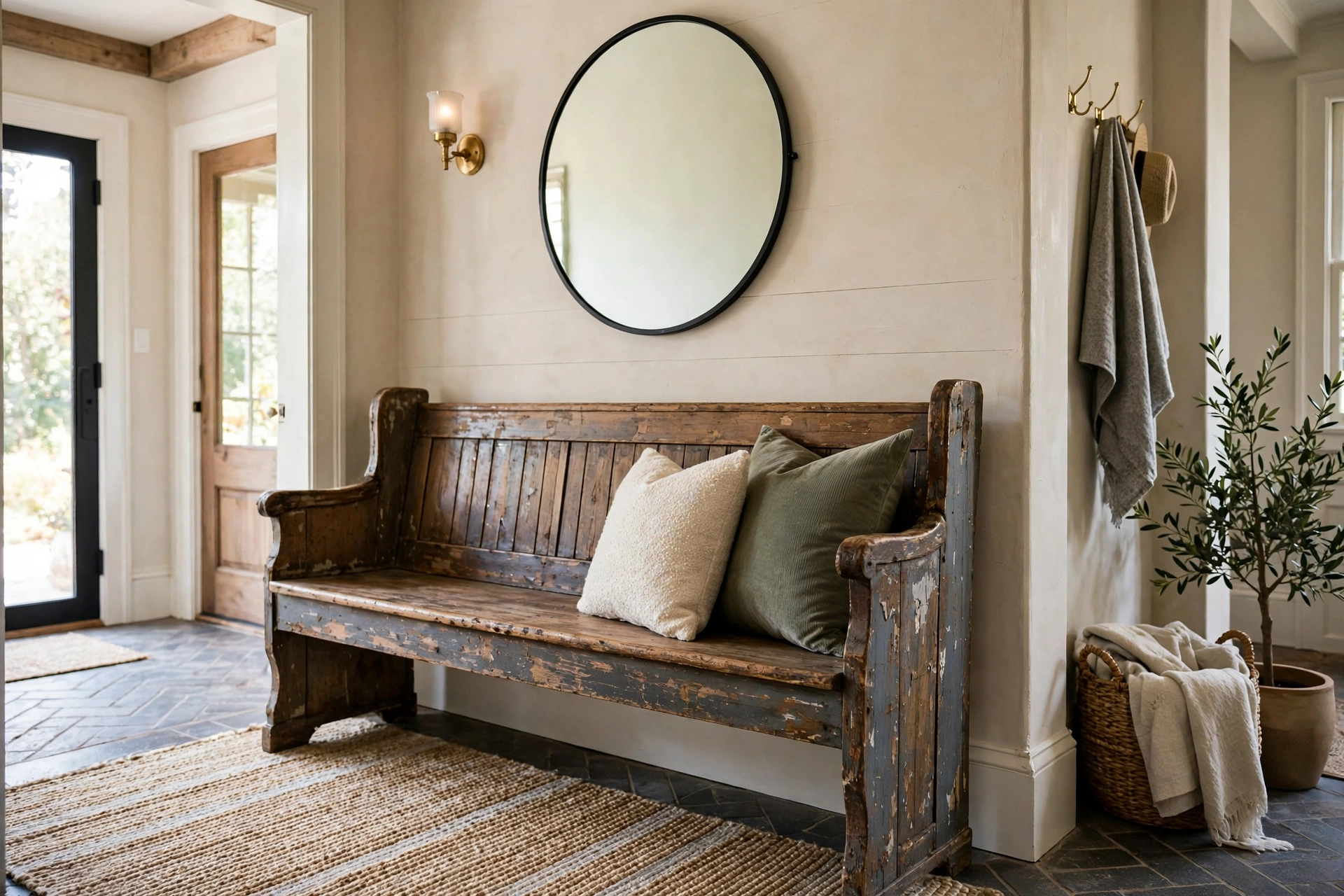 Vintage Wooden Bench With Patina In Entryway