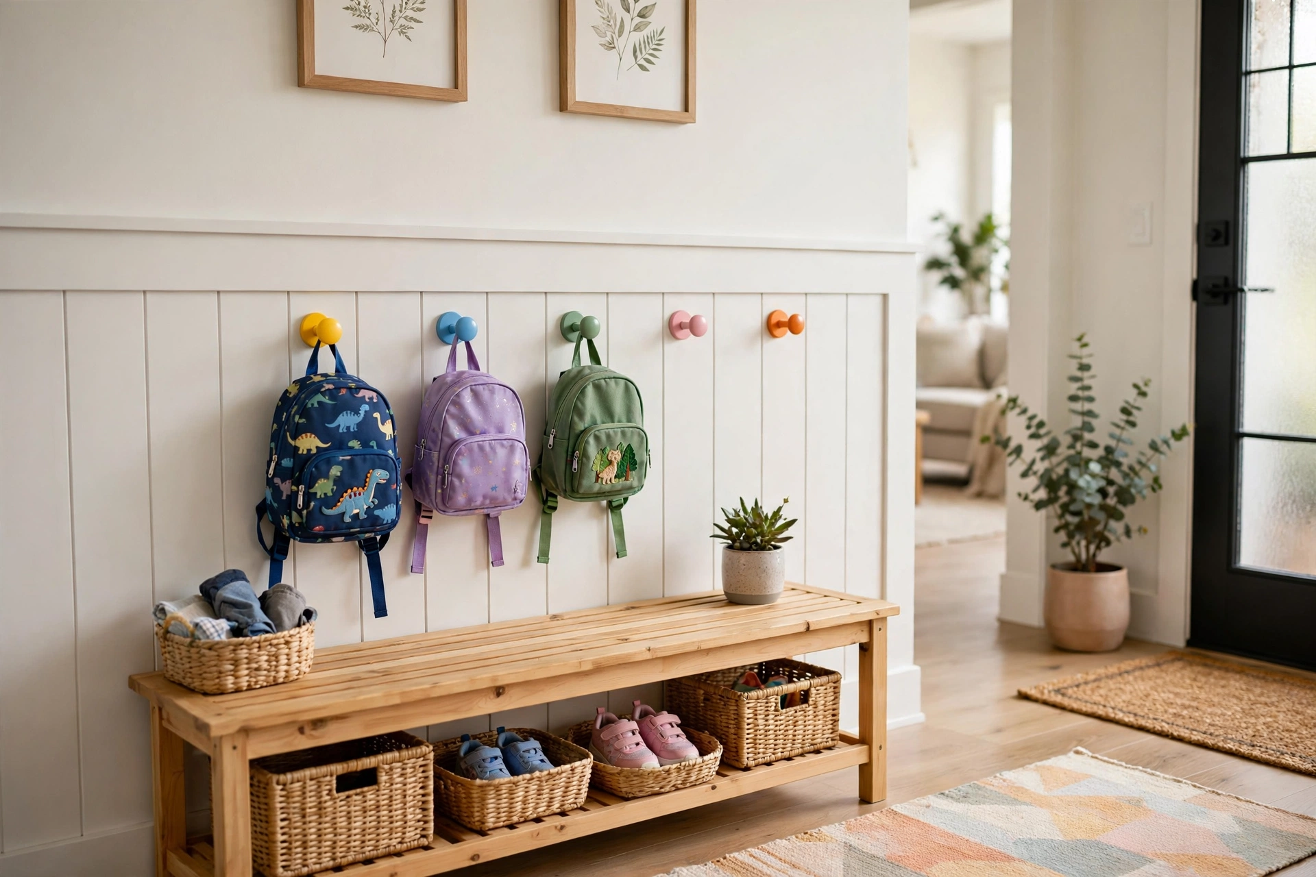Low Kids Height Coat Hooks In Family Entryway