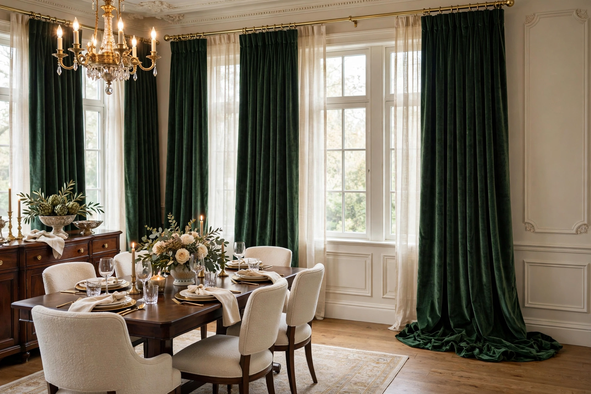 Dramatic Floor Length Drapery In Formal Dining Room