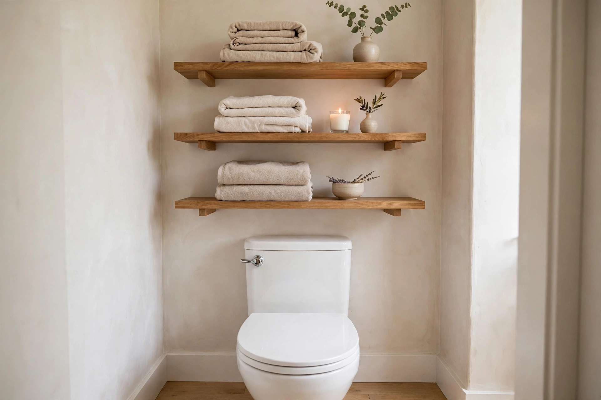 Half Bathroom With Floating Shelves Above The Toilet