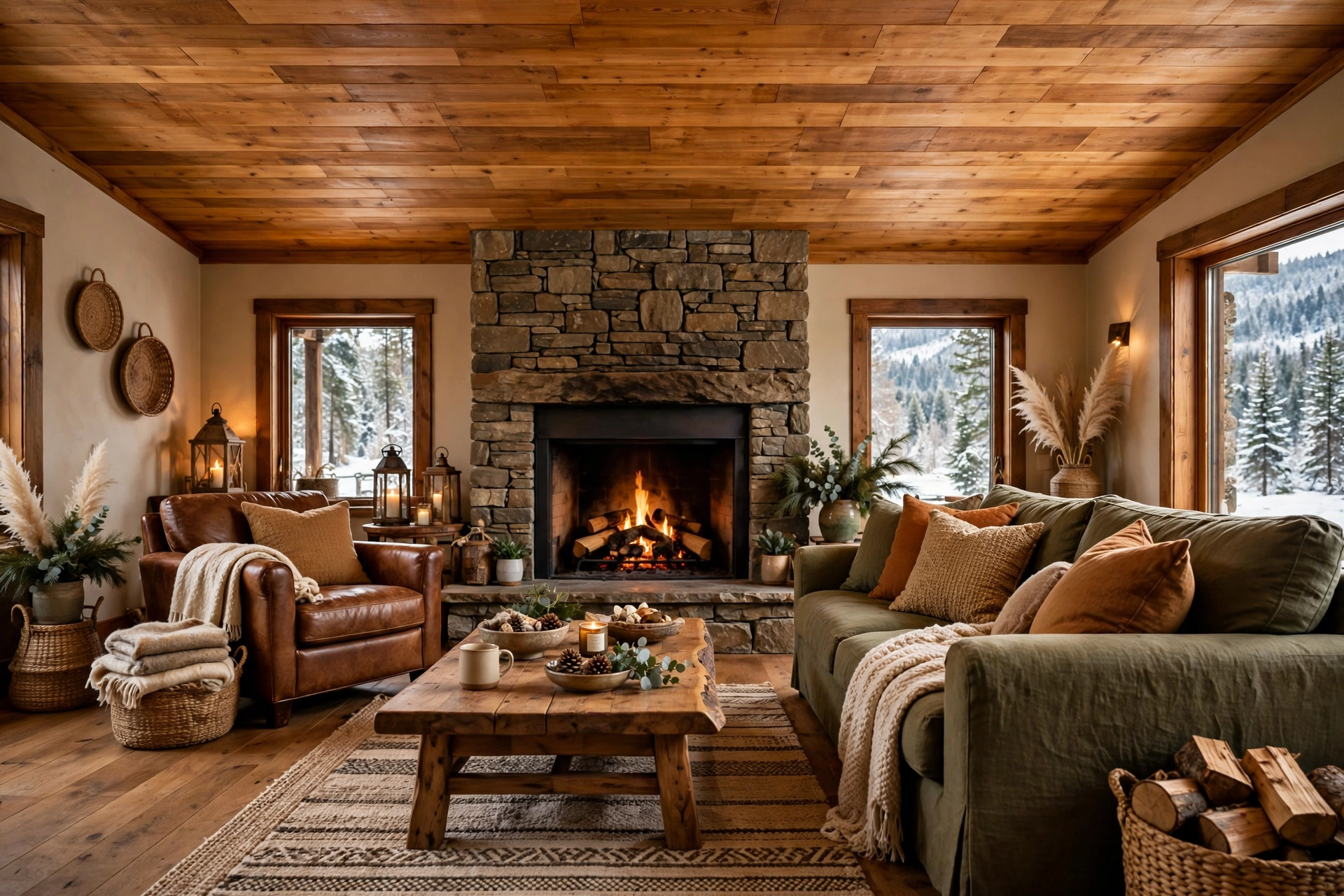 Natural Wood Plank Ceiling In Warm Living Room