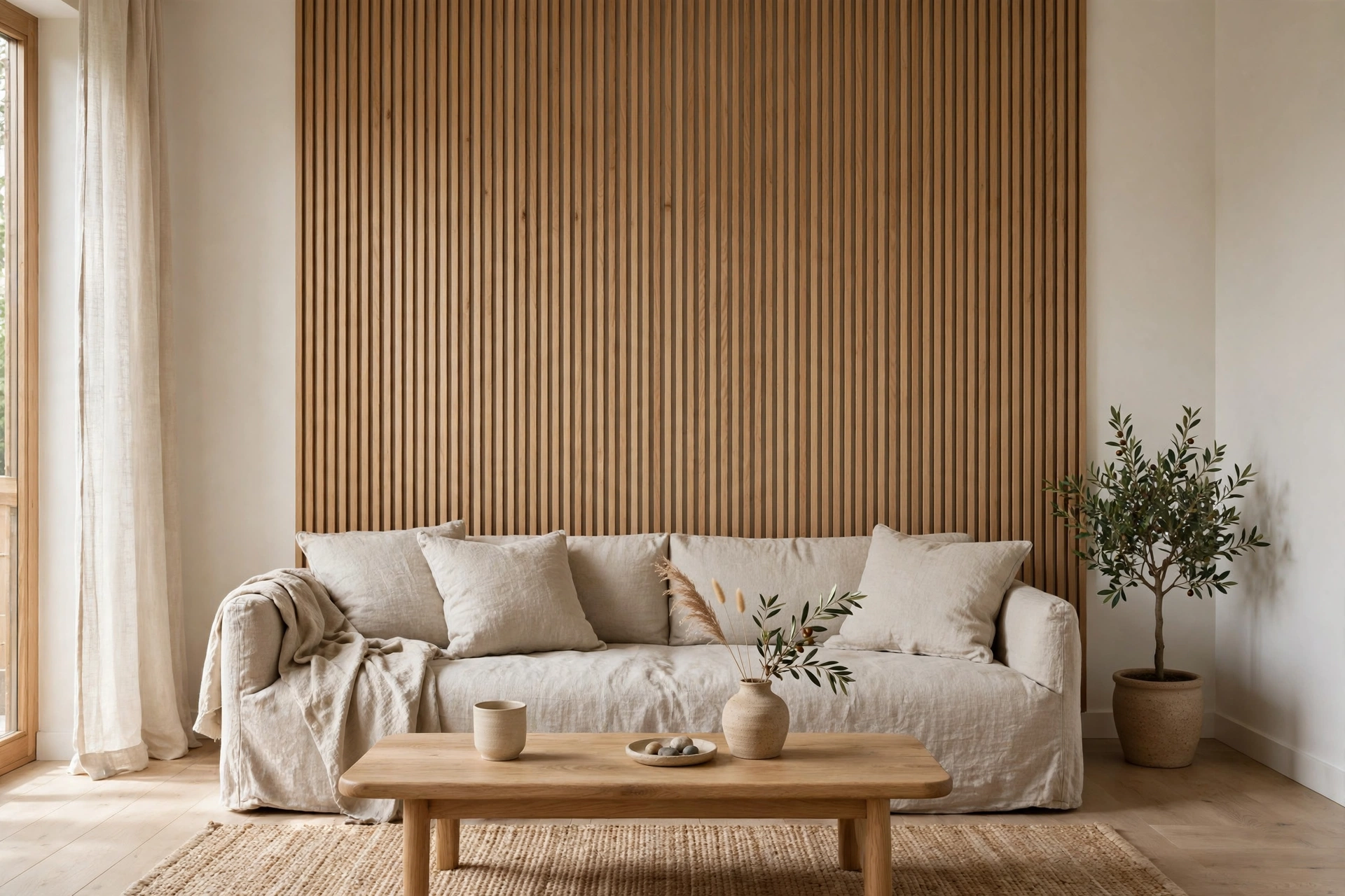 Vertical oak slat accent wall behind low sofa in Japandi living room