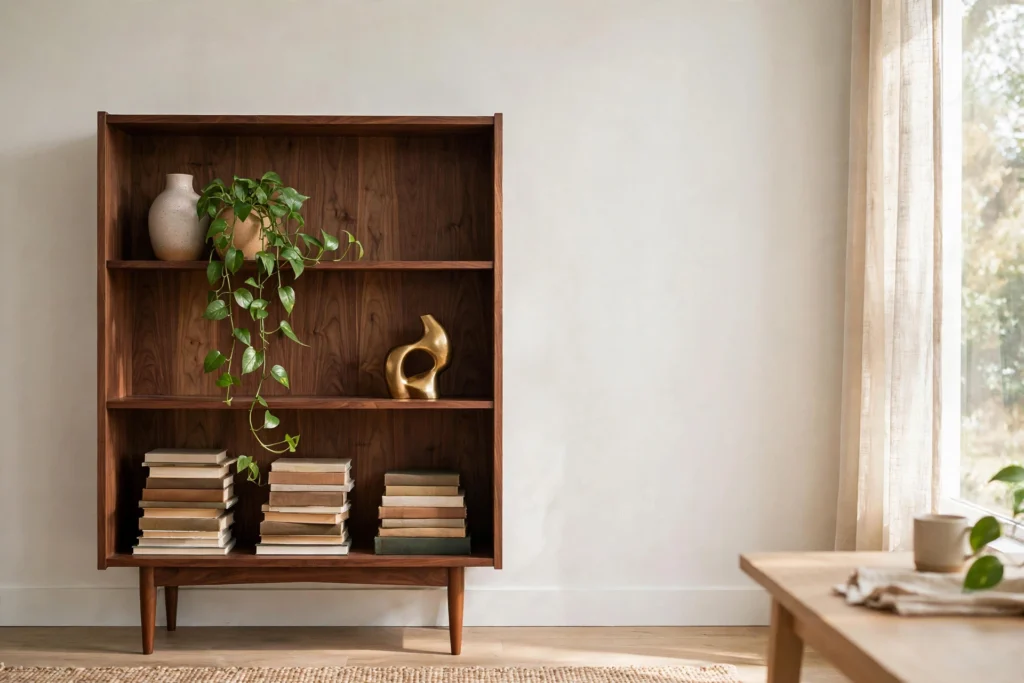 Walnut mid-century bookcase styled with books, brass sculpture, vase and trailing plant