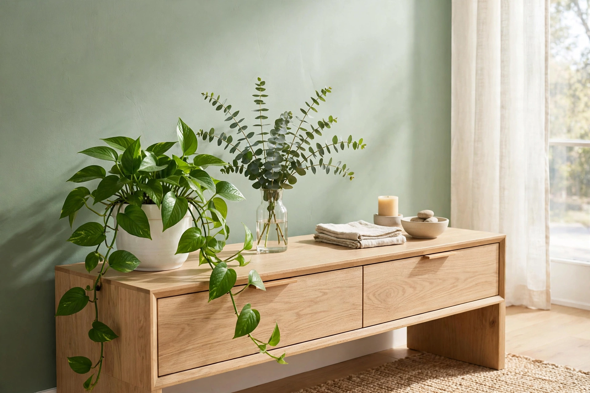 Fresh Greenery And Stems Styled On A Console Table
