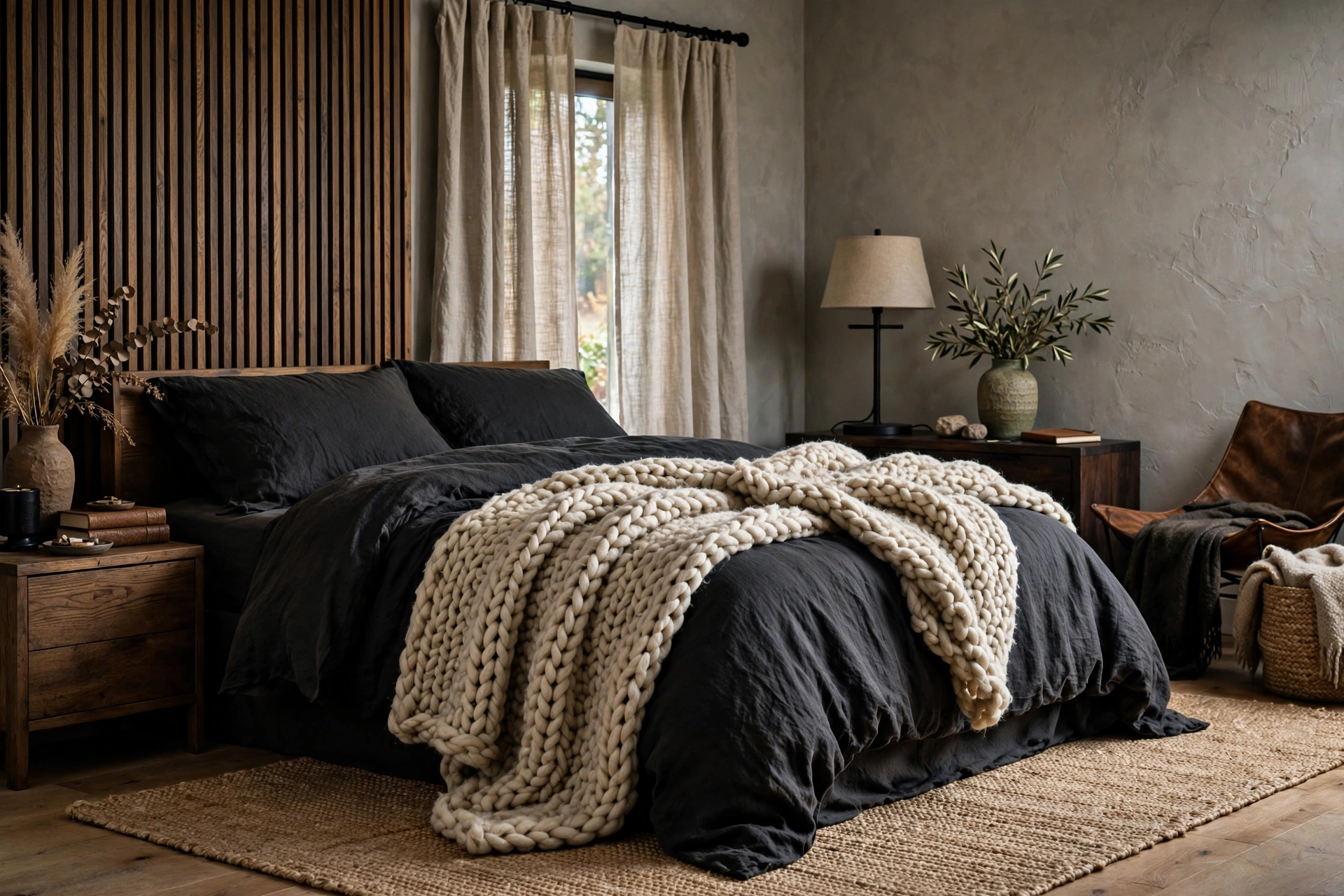 Layered Textures In A Masculine Bedroom Without Frill