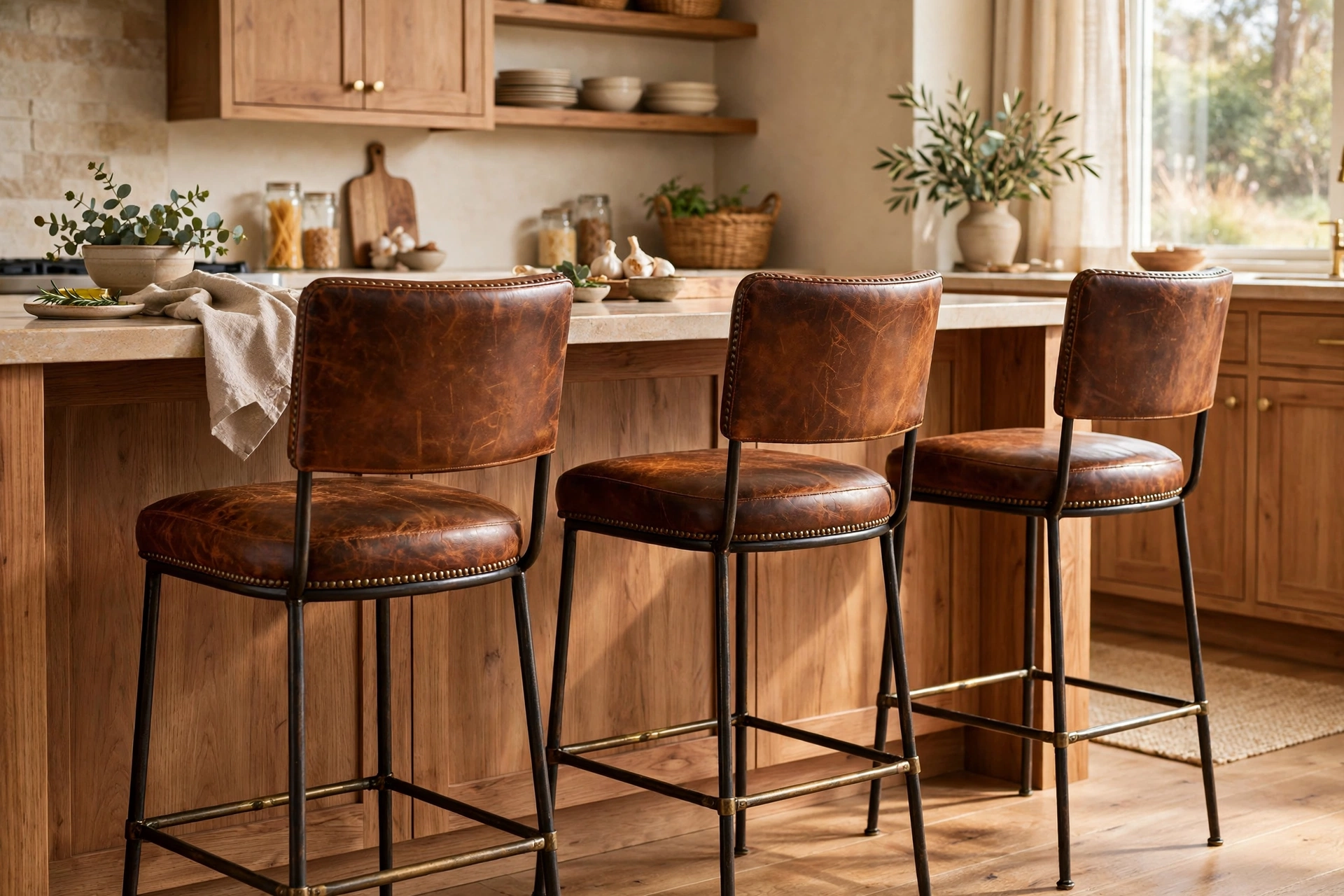 Leather bar stools with rich patina at a warm kitchen island