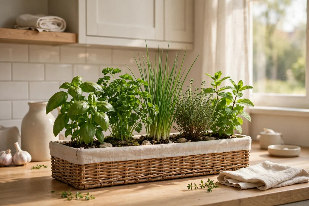Basil, parsley, chives, thyme and mint growing together in a kitchen
