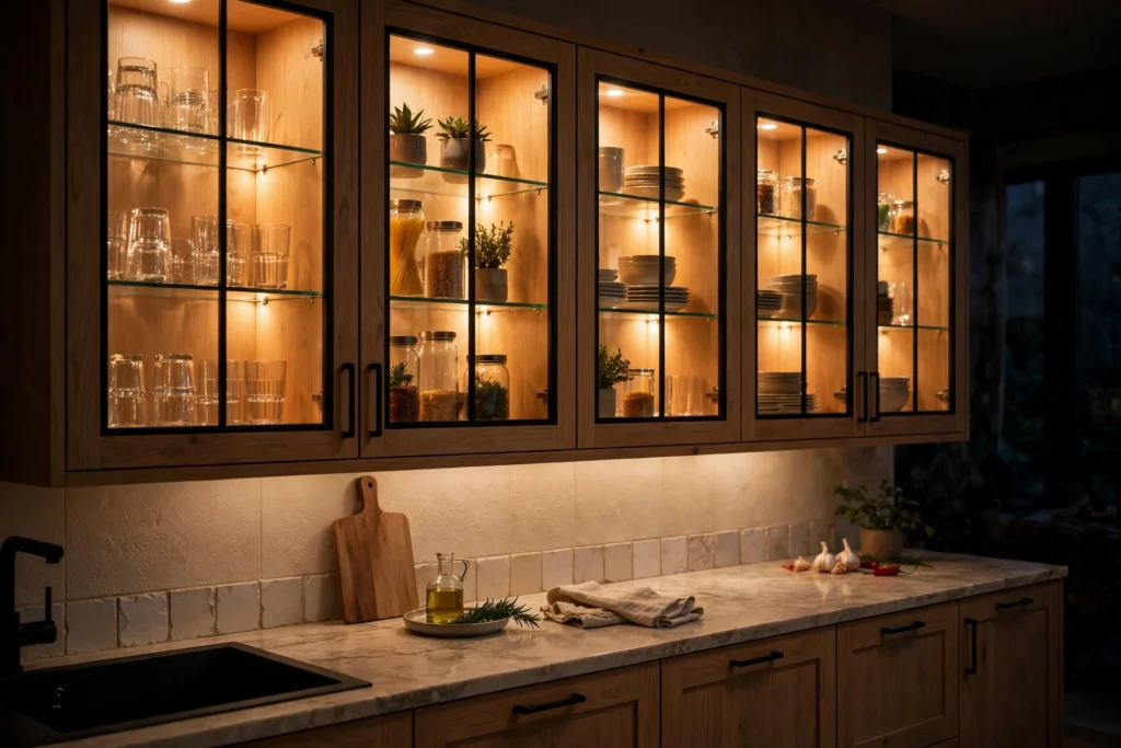Illuminated glass-front kitchen cabinets glowing with interior lighting