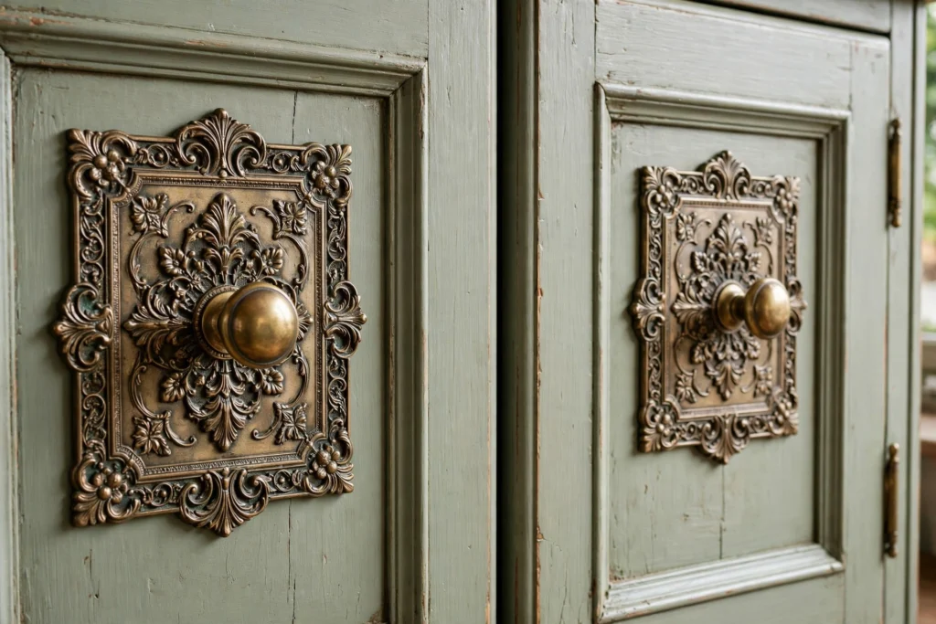 Ornate backplates behind brass knobs on vintage-style kitchen cabinet doors