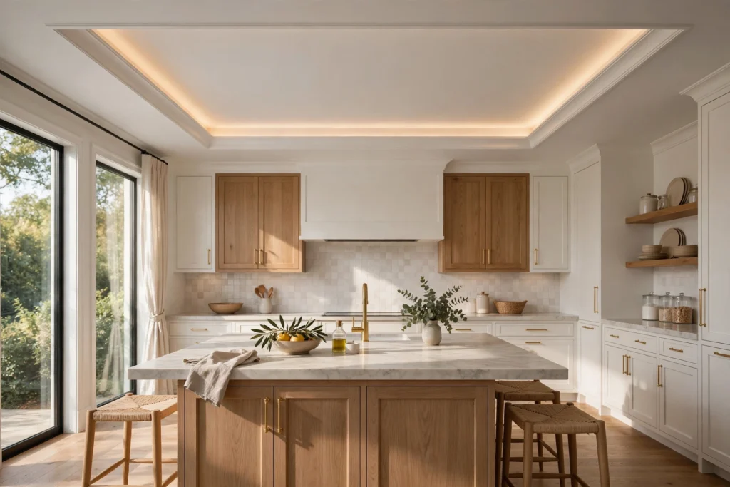 Elegant tray ceiling with cove lighting above a kitchen island