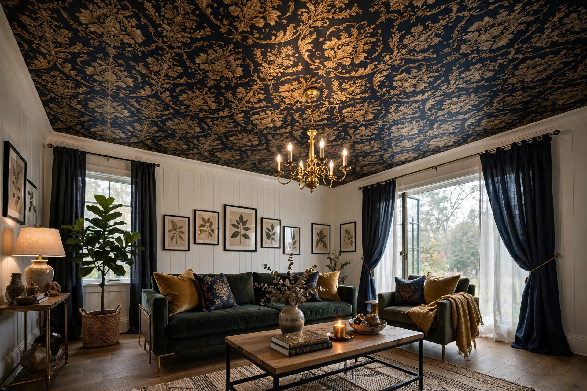 Patterned wallpaper covering a living room ceiling for dramatic effect