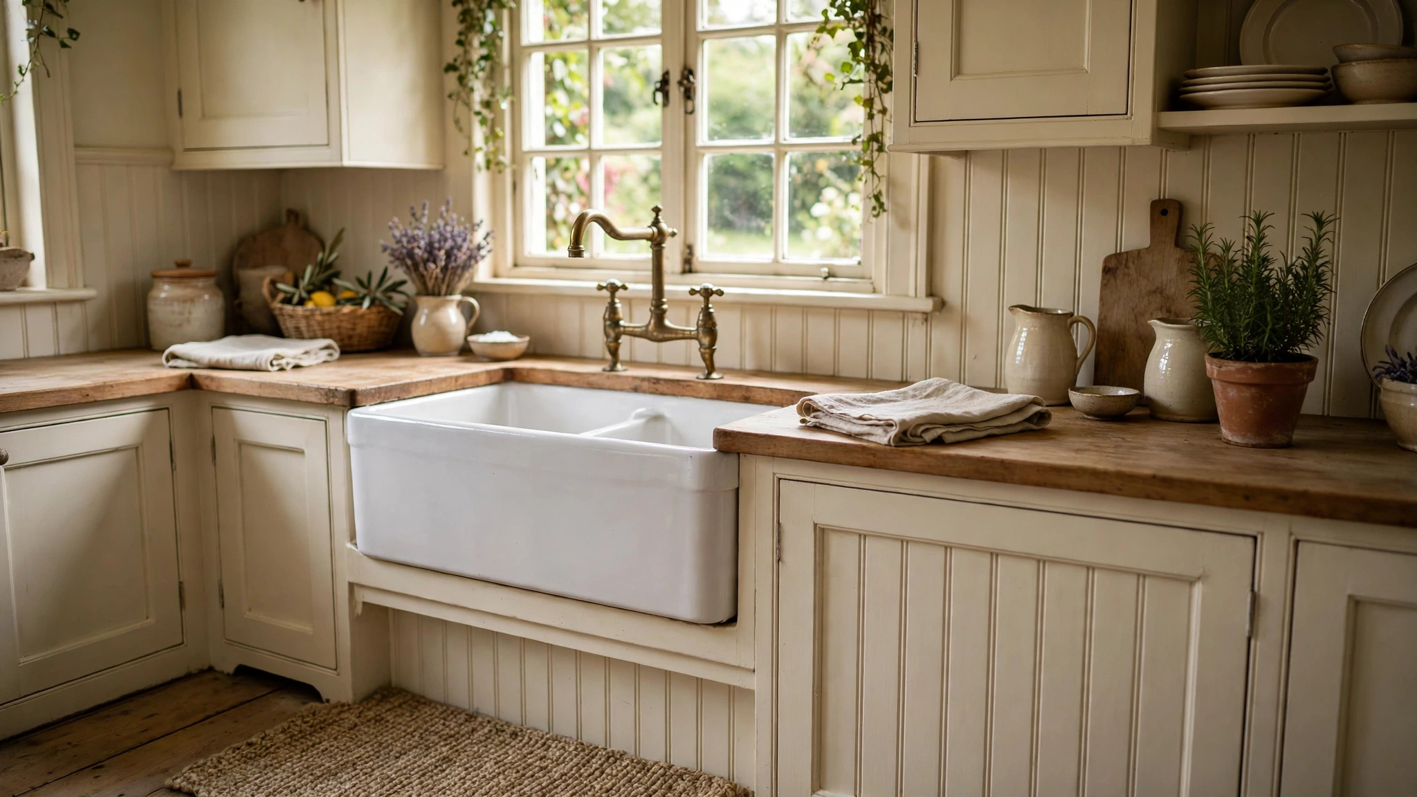 White fireclay apron-front sink with brass bridge faucet in a cottage kitchen