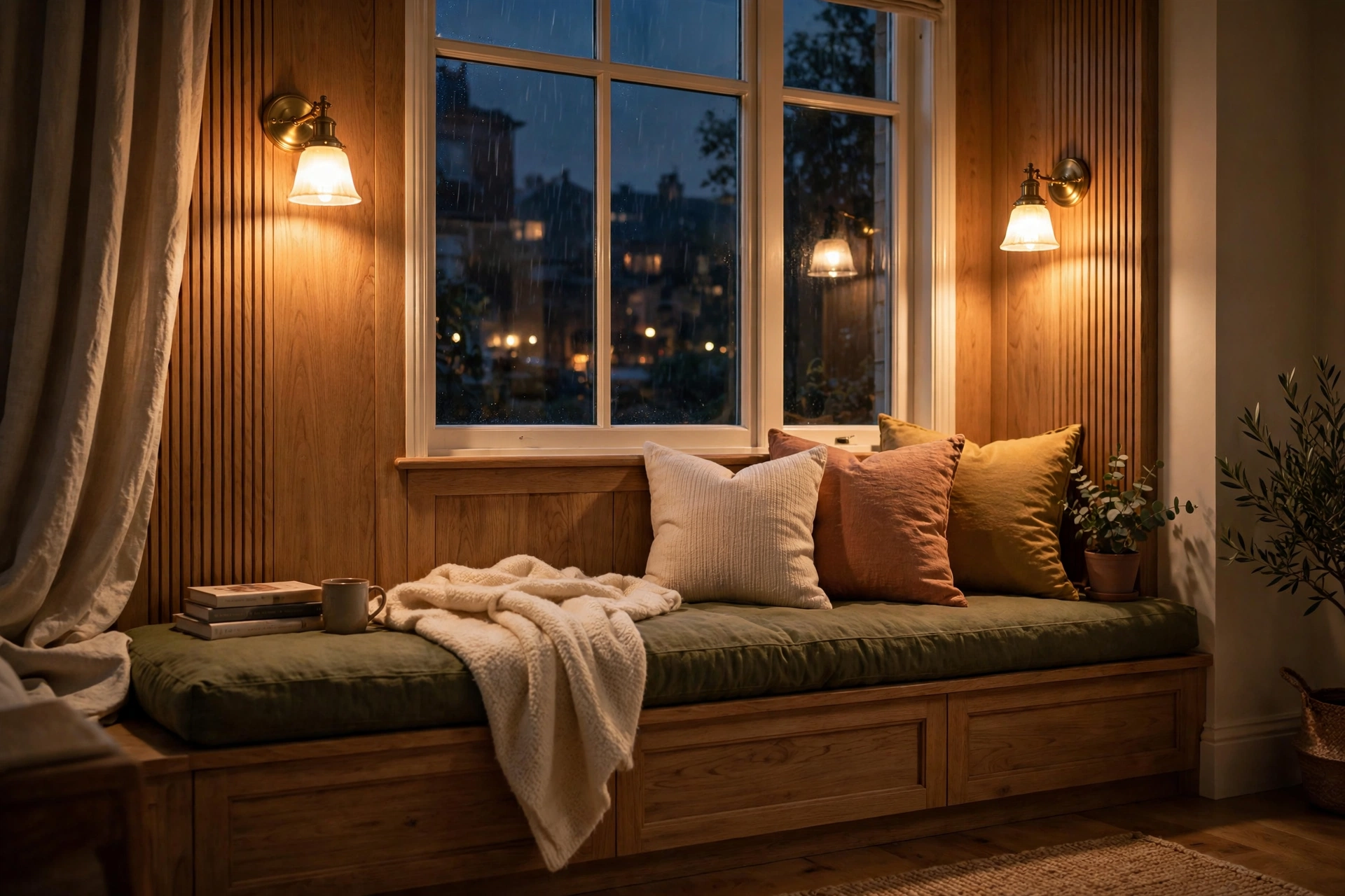 Window seat glowing under warm wall sconces mounted above the living room bench
