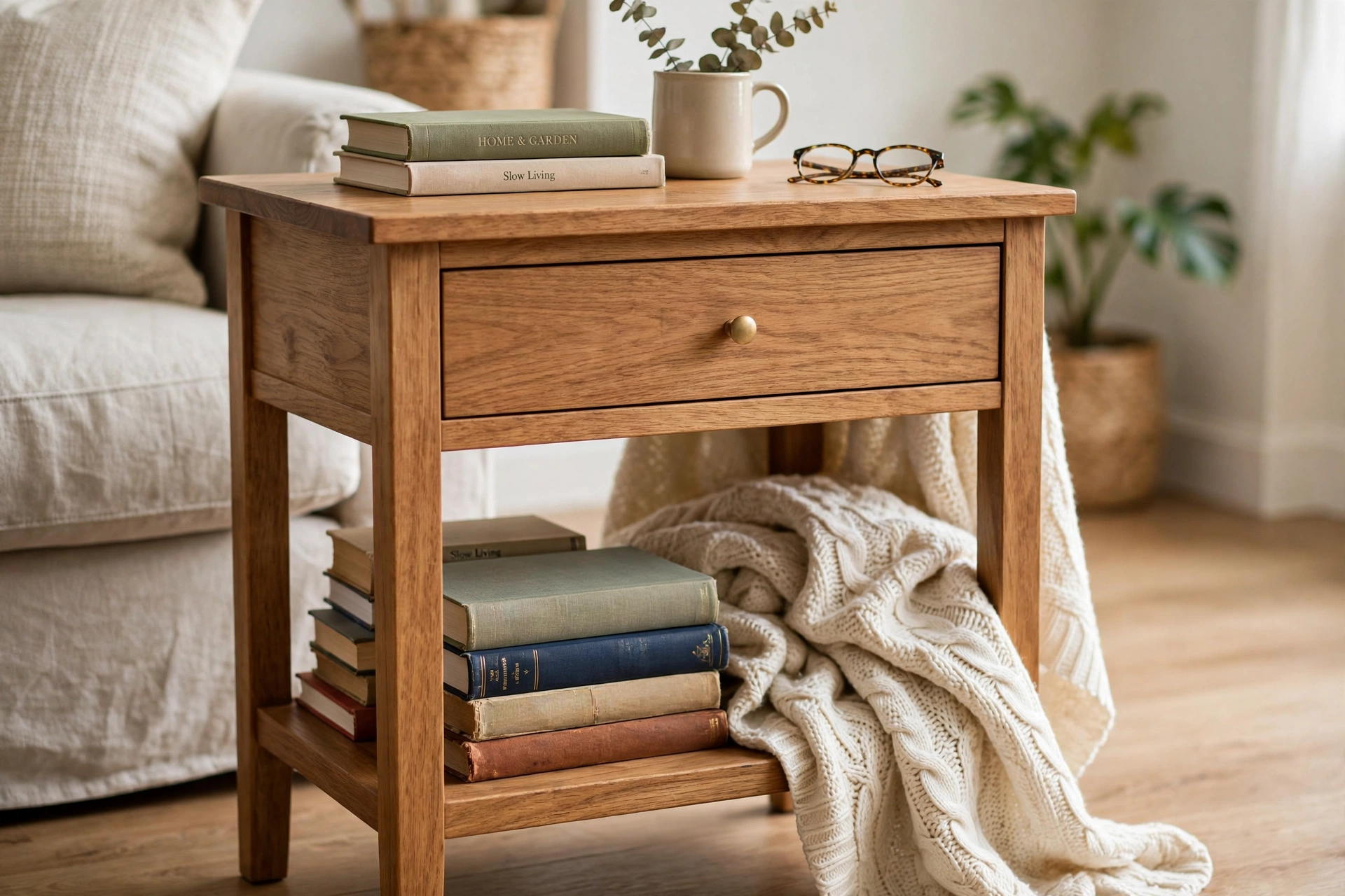Wooden side table with drawer and shelf holding books and a throw blanket