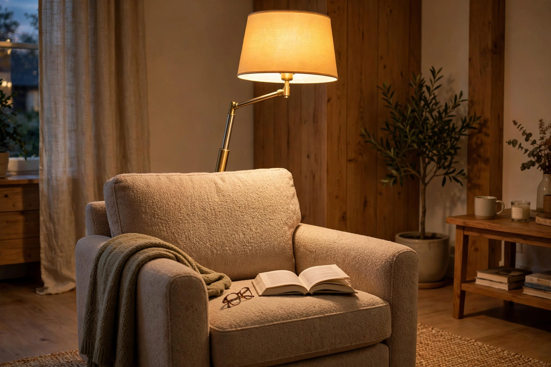 Floor lamp rising behind a reading armchair with a glowing shade