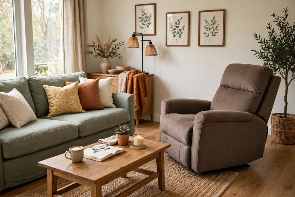 Recliner angled into a conversation grouping with a sofa in the living room