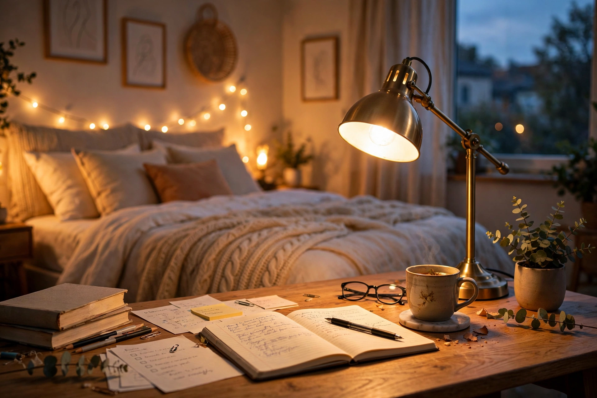 Warm task lamp glowing on a bedroom desk at dusk with cozy bedroom lighting behind