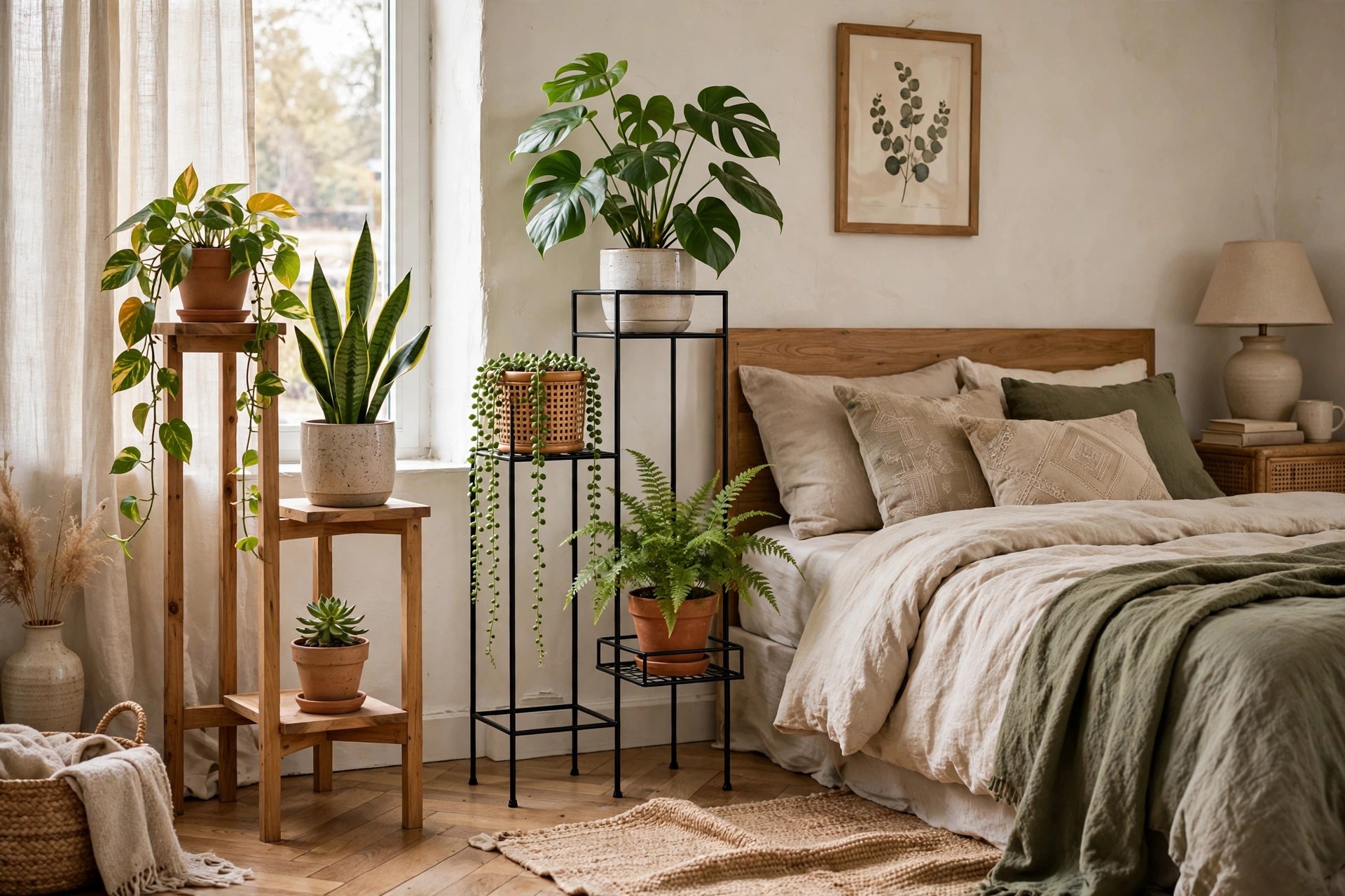 Houseplants displayed on wooden and metal plant stands at varying heights in a bedroom