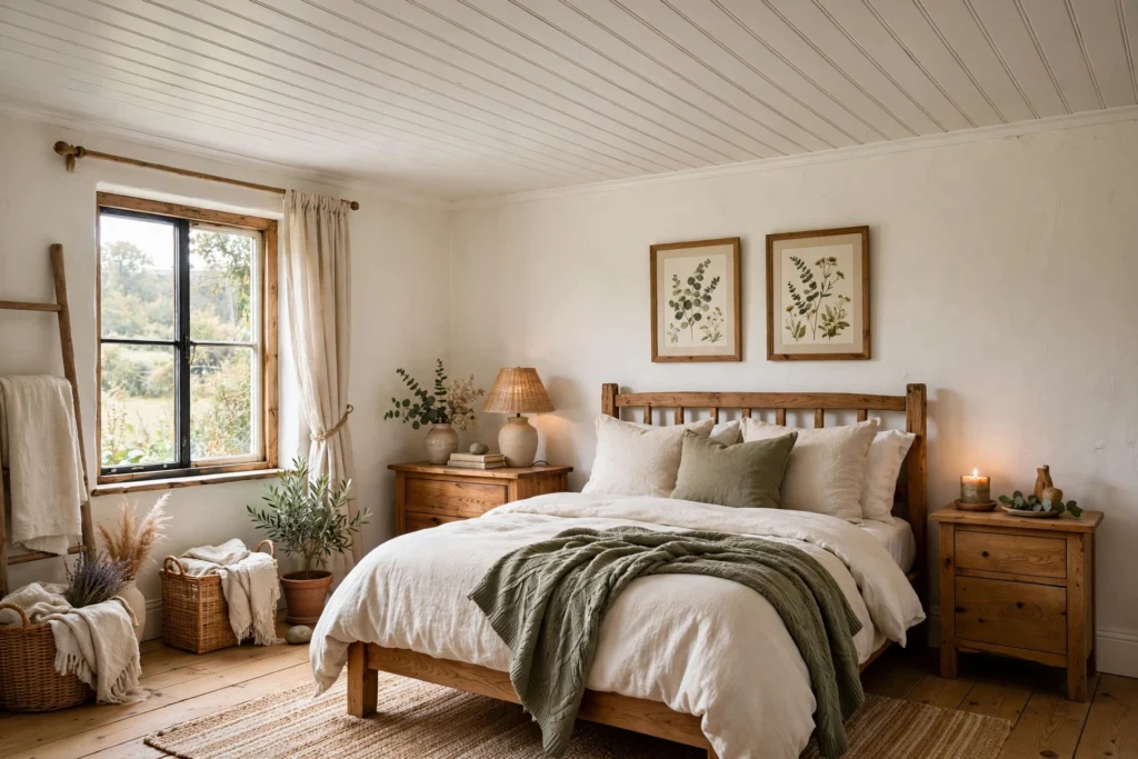 Cottage bedroom with white beadboard plank ceiling and natural wood accents