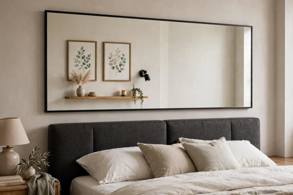 Wide rectangular mirror hung above a bedroom headboard, reflecting a calm wall and not facing the bed