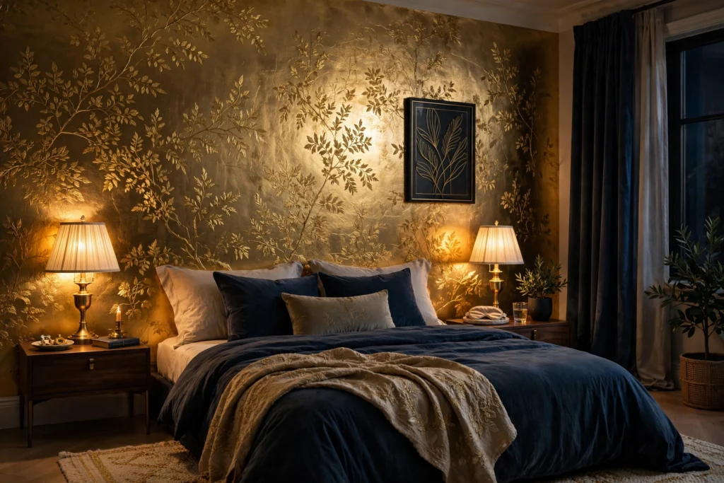 Elegant bedroom with gold-leaf metallic wallpaper glowing in lamplight