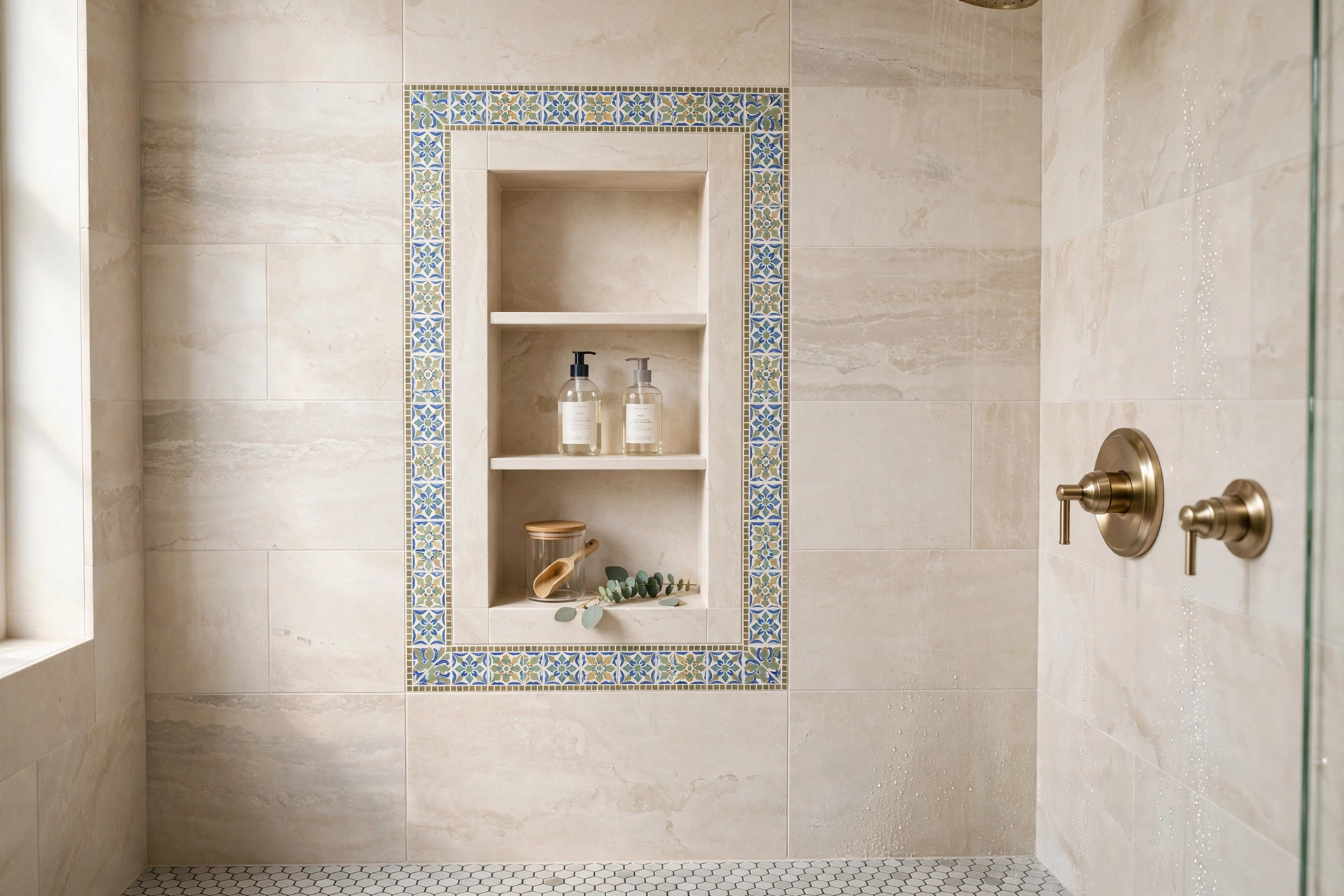 Shower niche framed with a slim decorative tile border trim