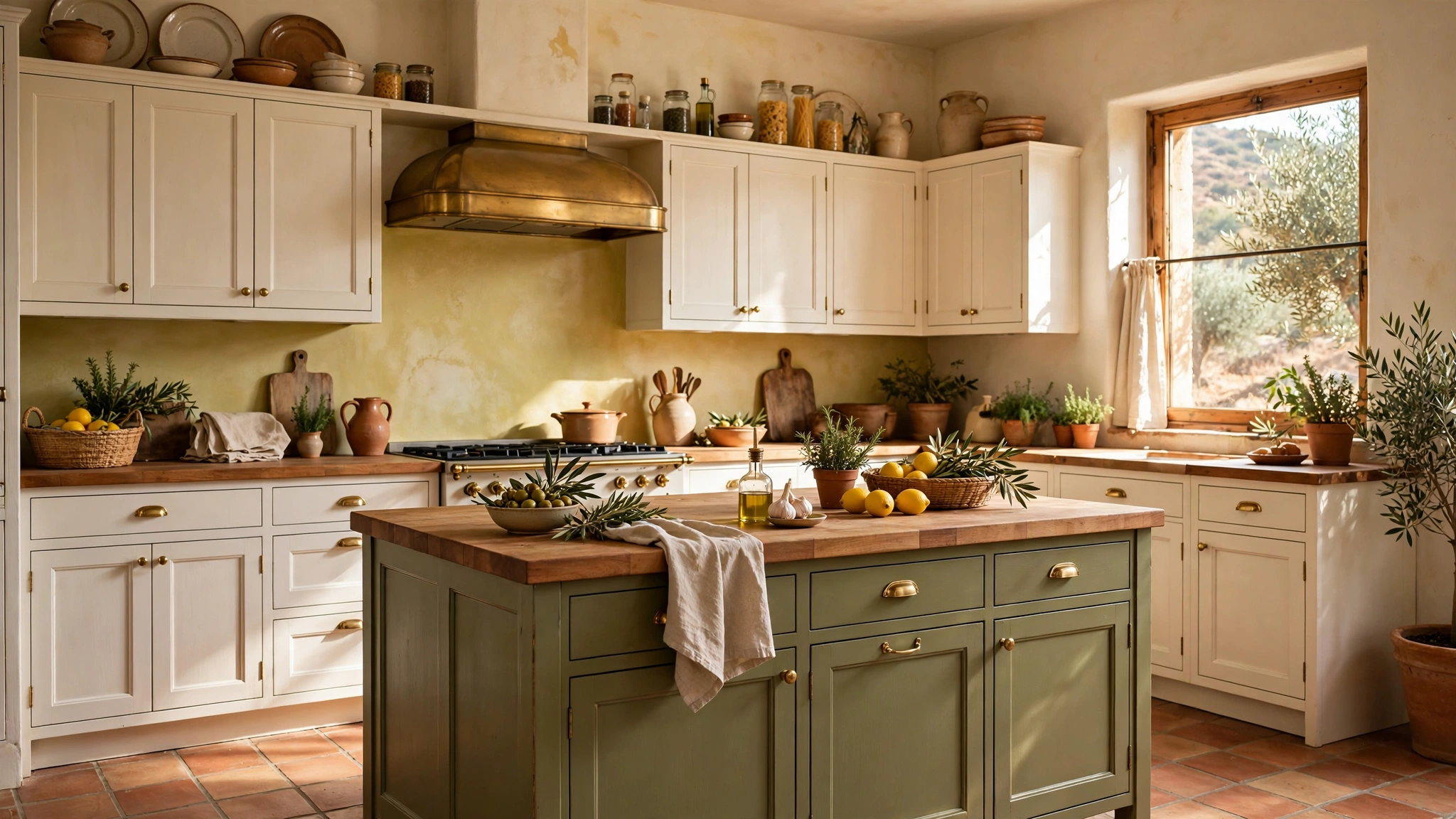 Mediterranean kitchen with olive green island and ochre limewash walls