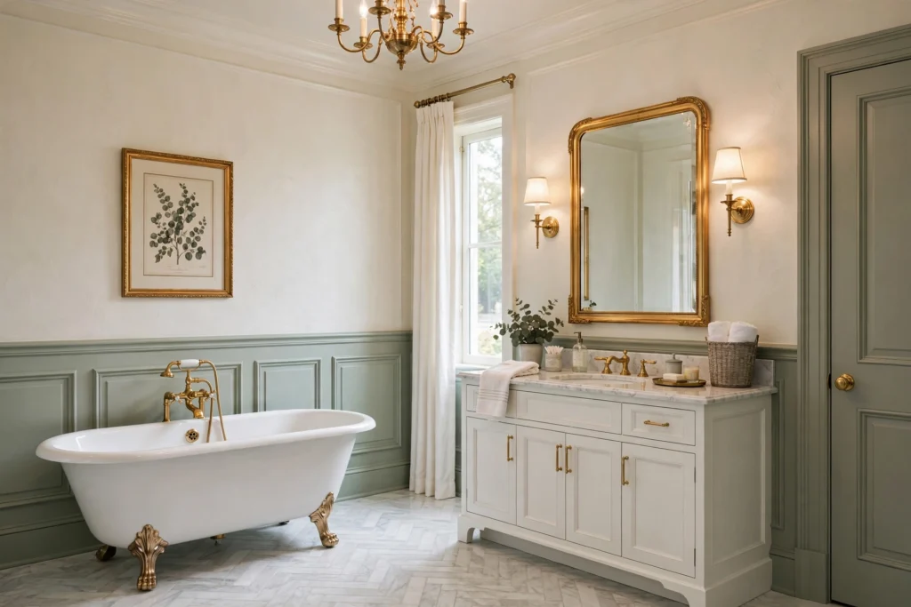 Formal bathroom with picture frame molding wainscot on lower walls