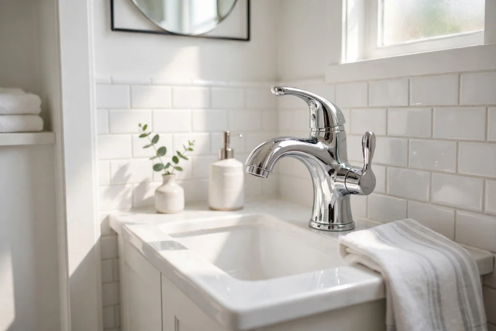 Gleaming polished chrome faucet brightening a small white bathroom