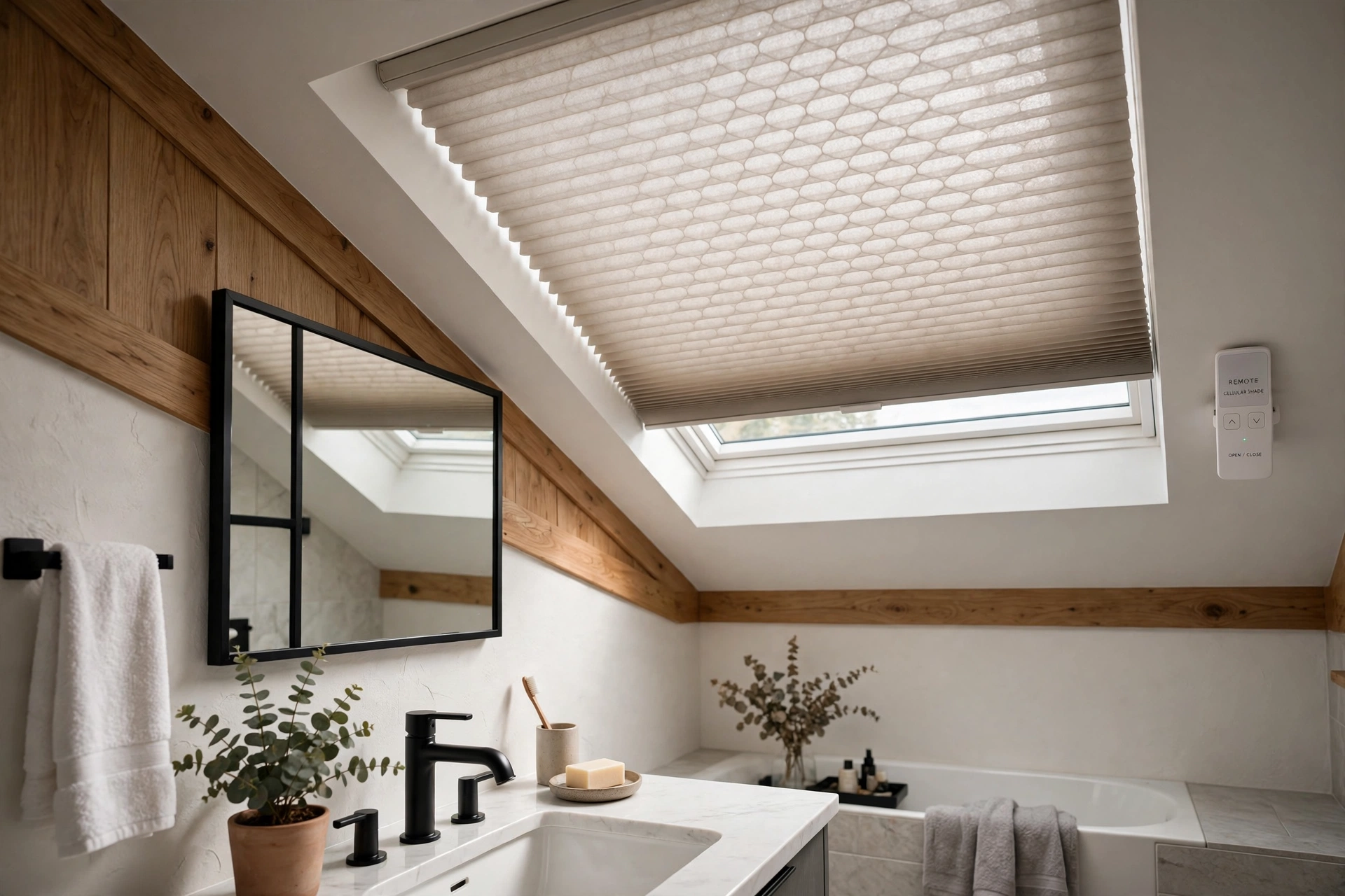 Bathroom skylight fitted with a remote controlled cellular shade