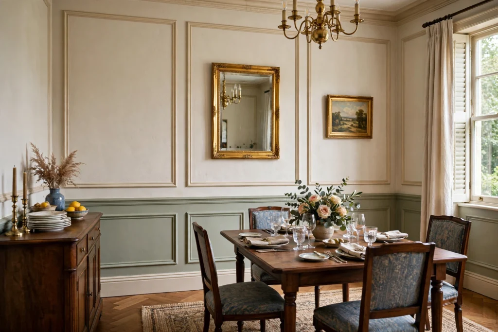 Mirror hung within wainscoted wall panels in a traditional dining room